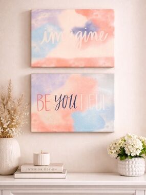 Imagine / Be You-tiful Pastel Wall Art Set - Pink, Blue, Cream